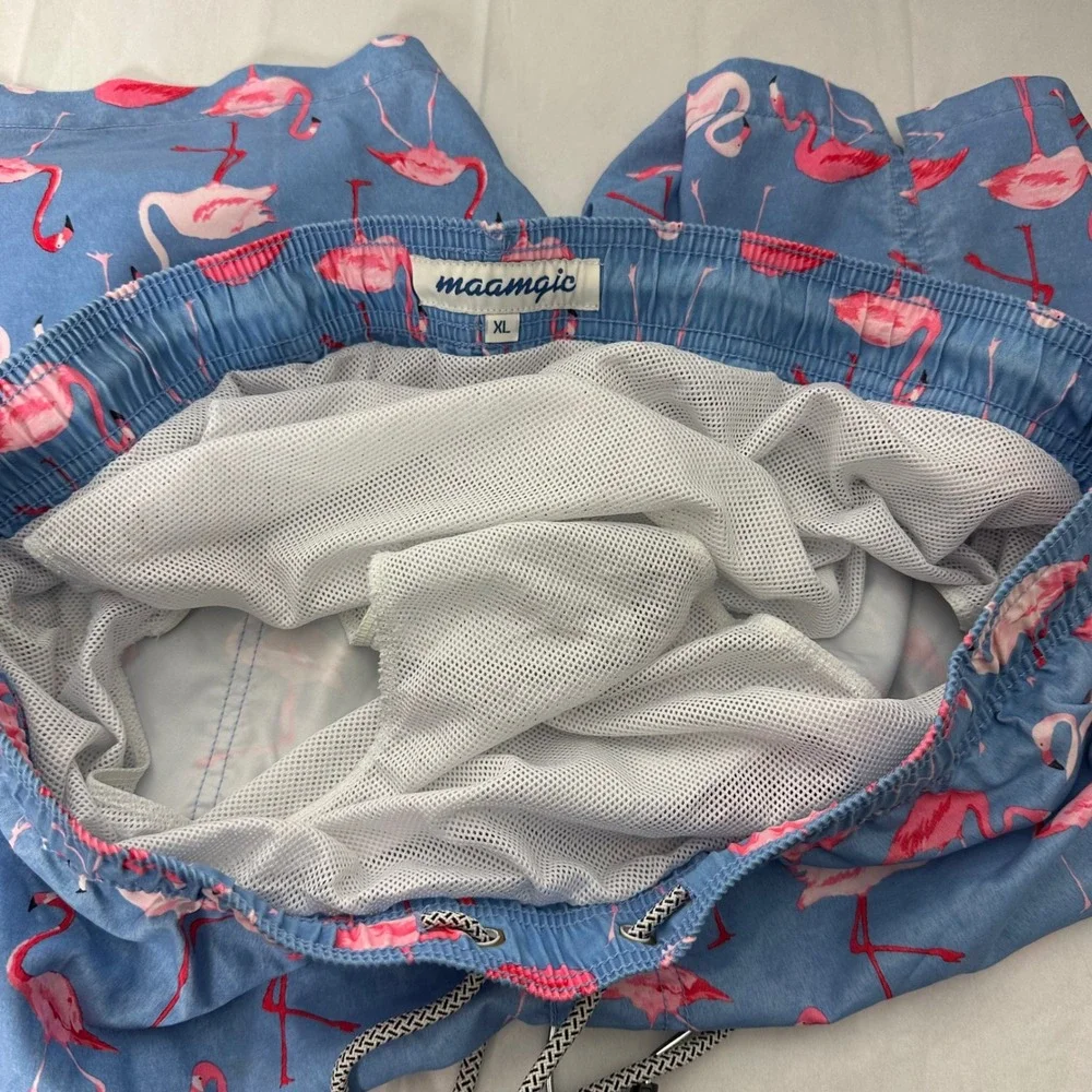 Maamgic Flamingo Print Swim‎ Trunks with Pockets - Blue, XL